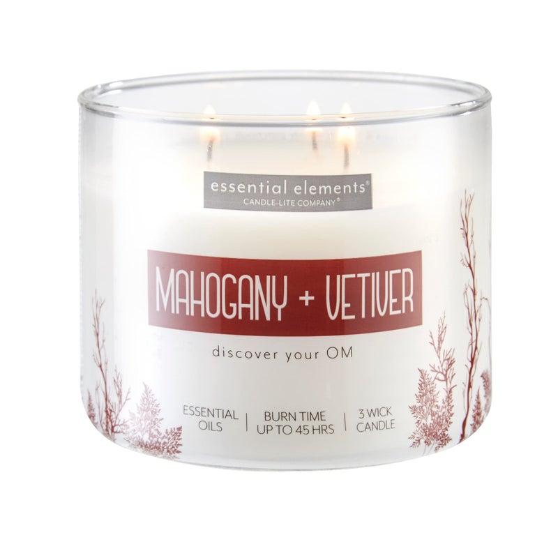 Essential Elements by Candlelite Scented Candles Mahogany Vetiver Leaf Fragrance One 1475 oz ThreeWick Aromatherapy Candle with 45 Hours of Burn Time OffWhite Color